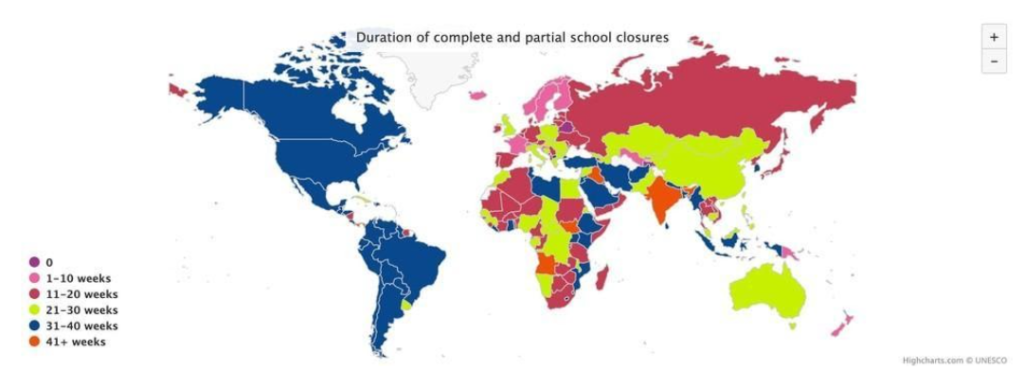 Mapa mostrando o tempo de fechamento das escolas por país durante a pandemia do Covid-19
